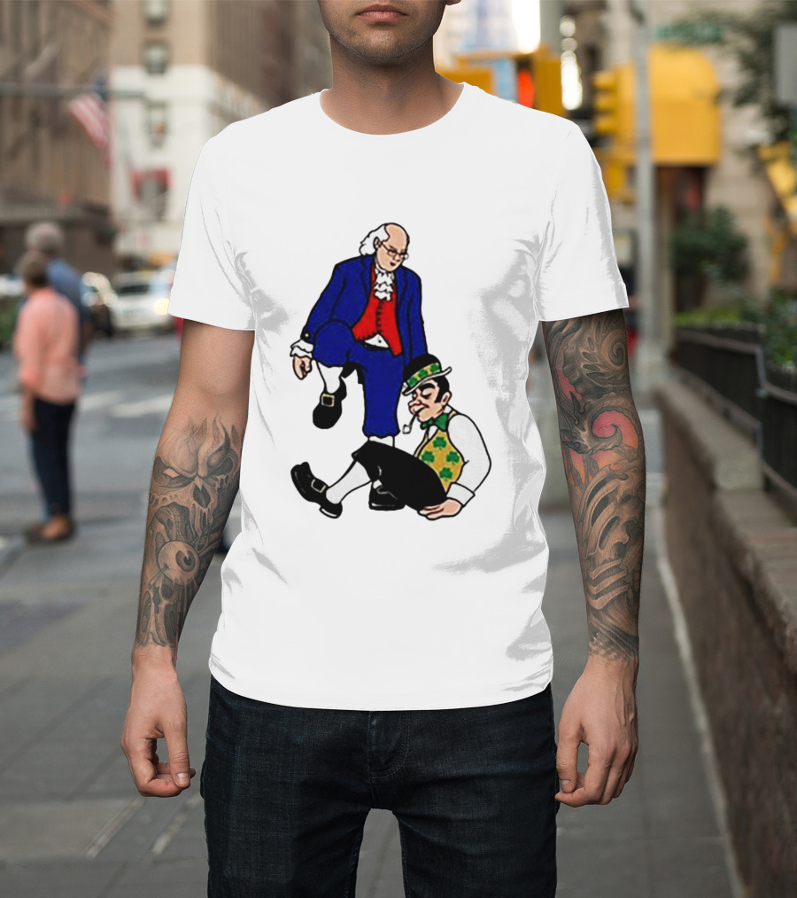Ben Franklin Stepover Cartoon Colonial Vs Leprechaun T-Shirt