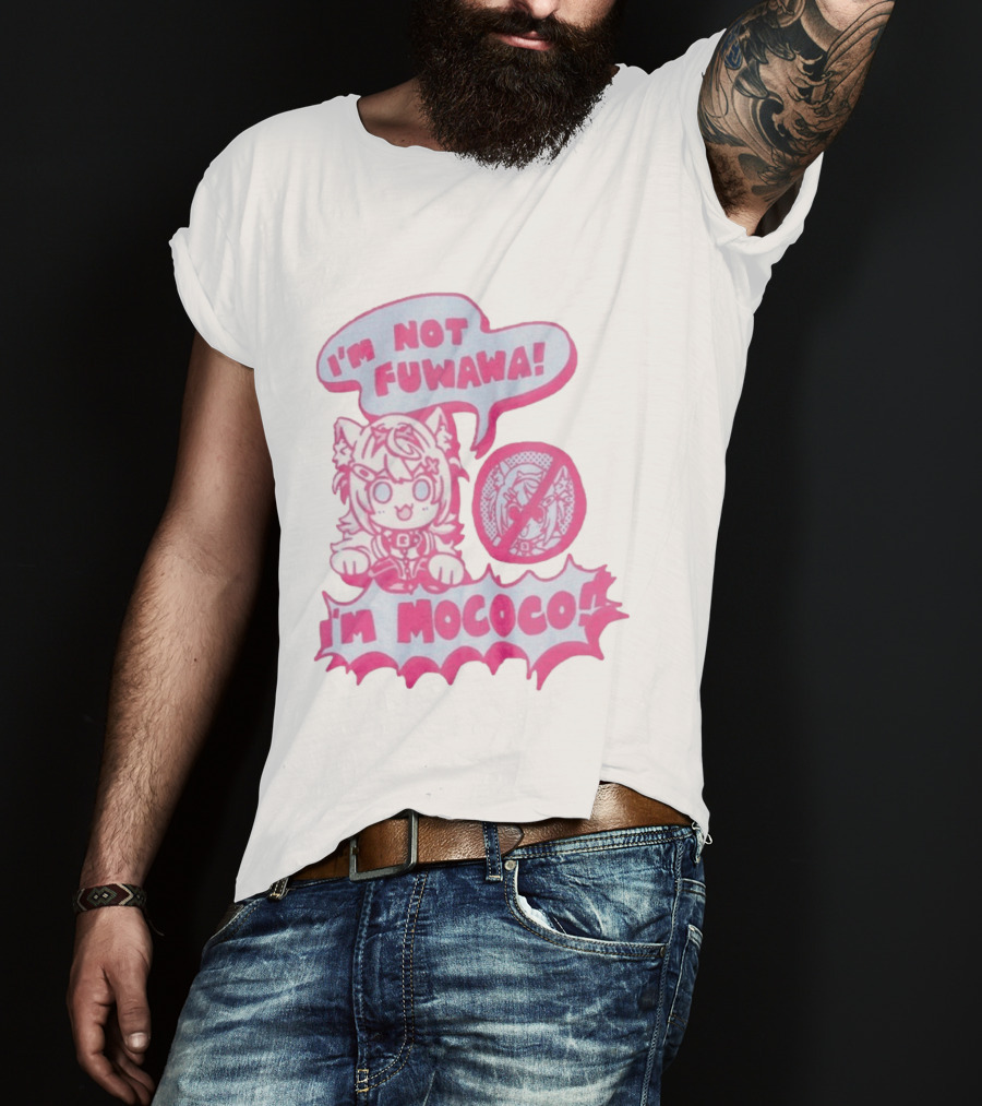 I'm Not Fuwawa I'm Mococo Anime Character Expression Pink And White Speech Bubbles T-Shirt