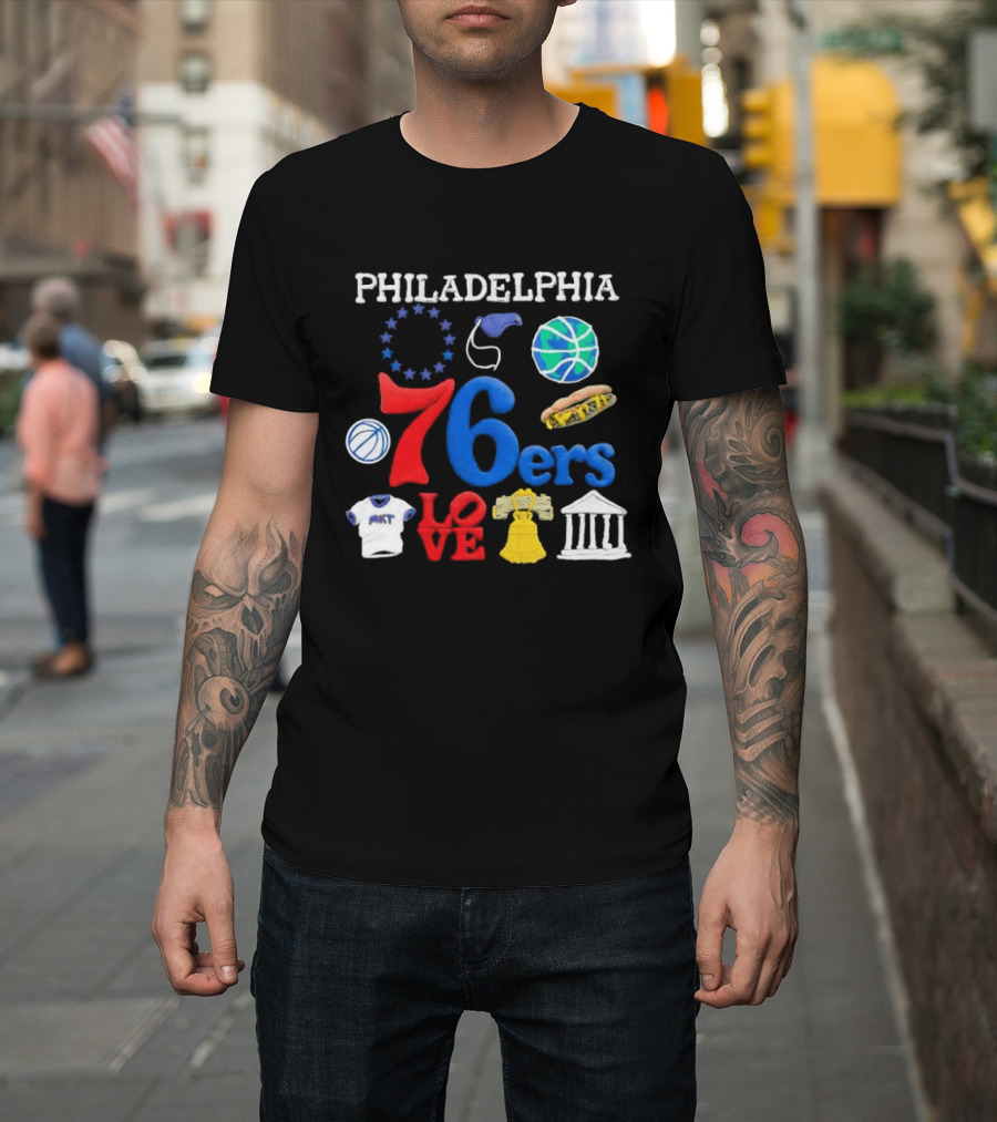 Philadelphia 76ers Claymation Icons Hot Dog Liberty Bell Basketball LOVE Statue City T-Shirt