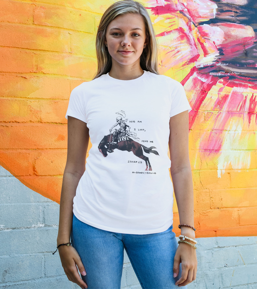 Here Am I Lord Send Me Isaiah Broken Bow Skeletal Cowboy Riding Horse T-Shirt