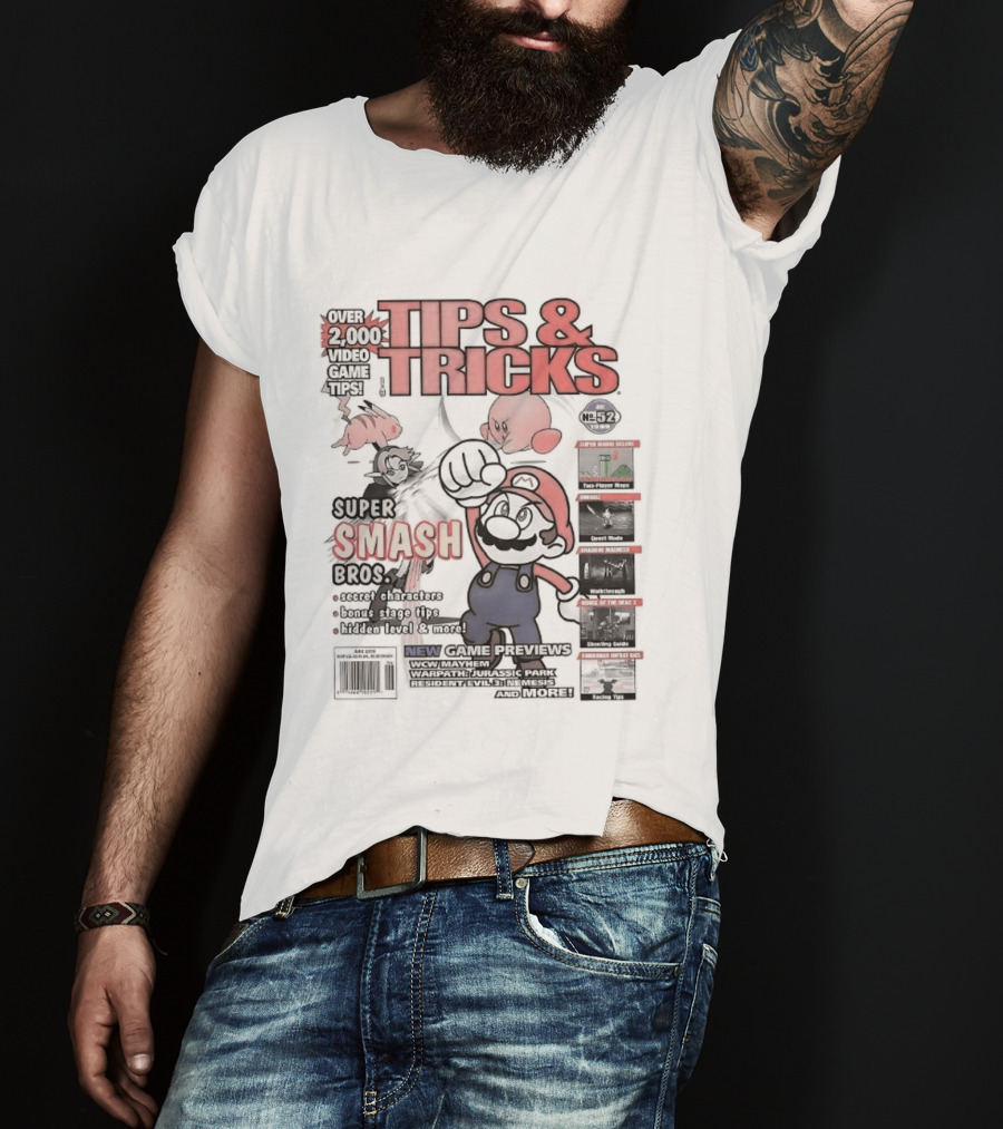 Super Smash Bros Over 2000 Video Game Tips And Tricks Retro Cover Mario Kirby Characters T-Shirt