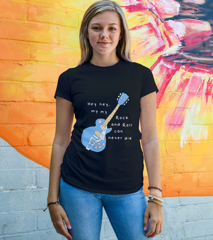 Hey Hey My My Rock And Roll Can Never Die Blue Guitar T-Shirt