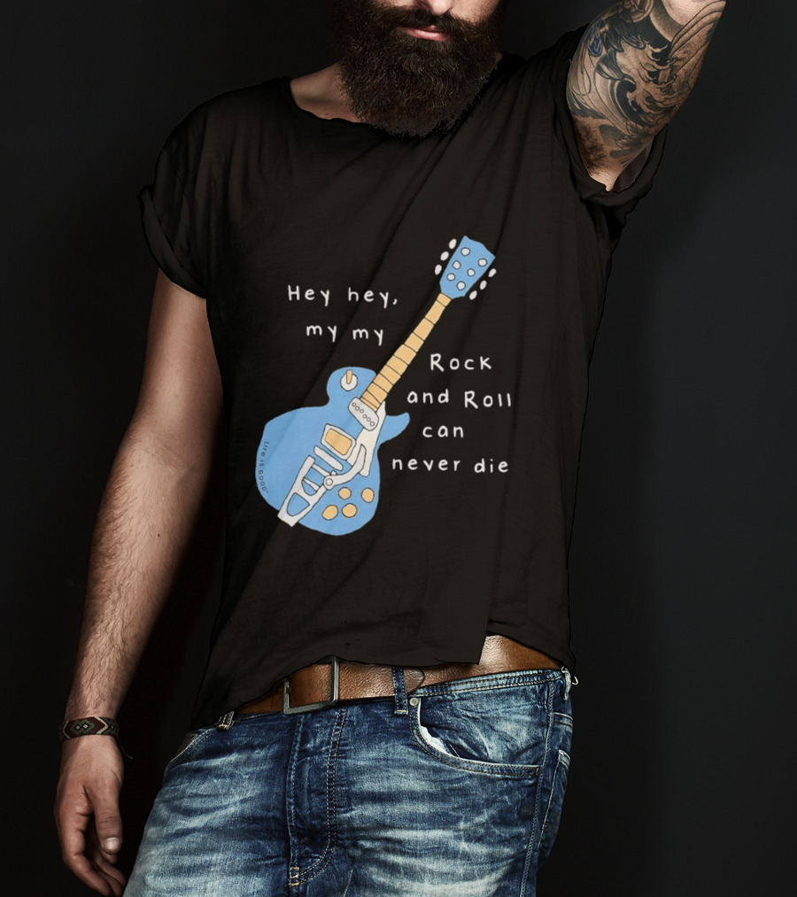 Hey Hey My My Rock And Roll Can Never Die Blue Guitar T-Shirt