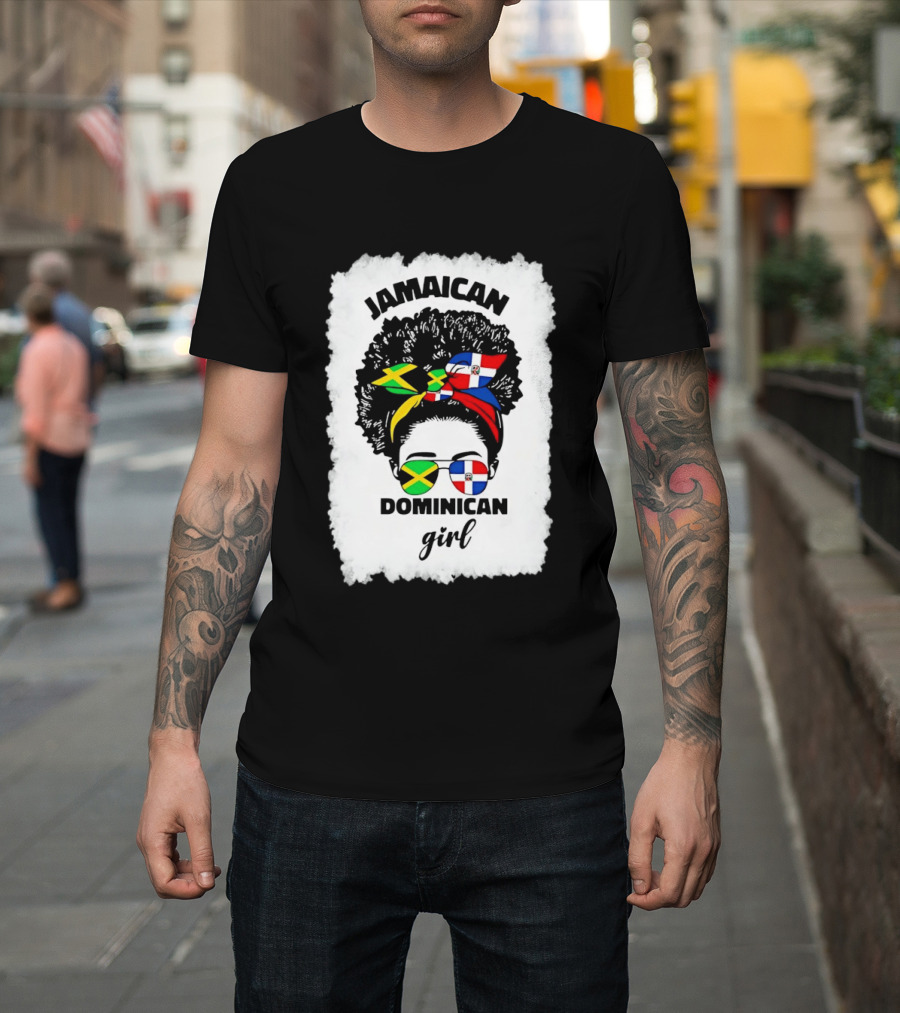 Jamaican Dominican Girl Afro Headwrap Flag Sunglasses T-Shirt