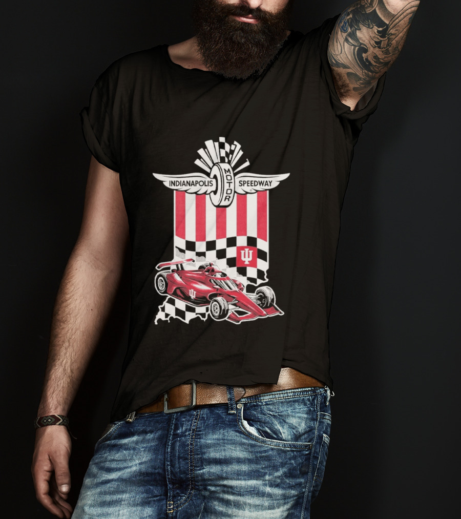 Indiana Hoosiers Red Race Car Indianapolis Motor Speedway Checker Flag T-Shirt
