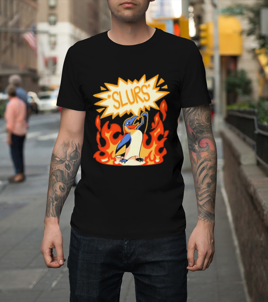 Penguin Slurs Cartoon Flaming Penguin In Fiery Speech Bubble T-Shirt