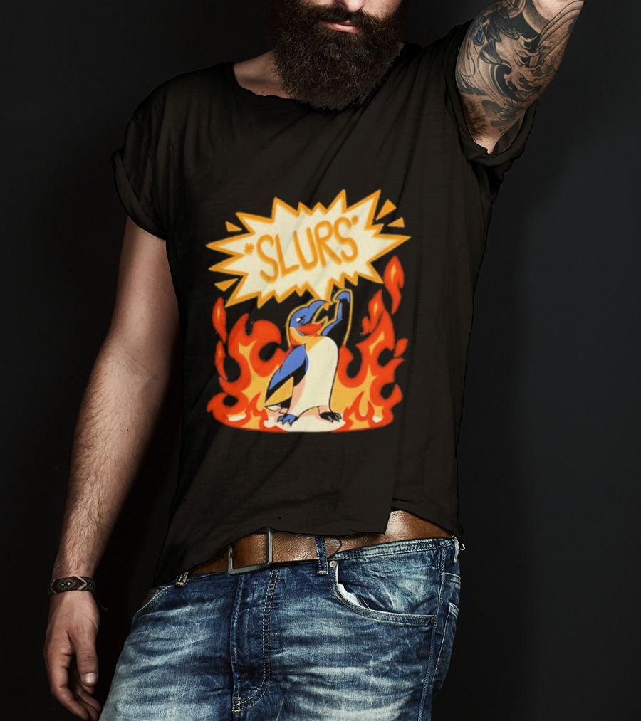 Penguin Slurs Cartoon Flaming Penguin In Fiery Speech Bubble T-Shirt