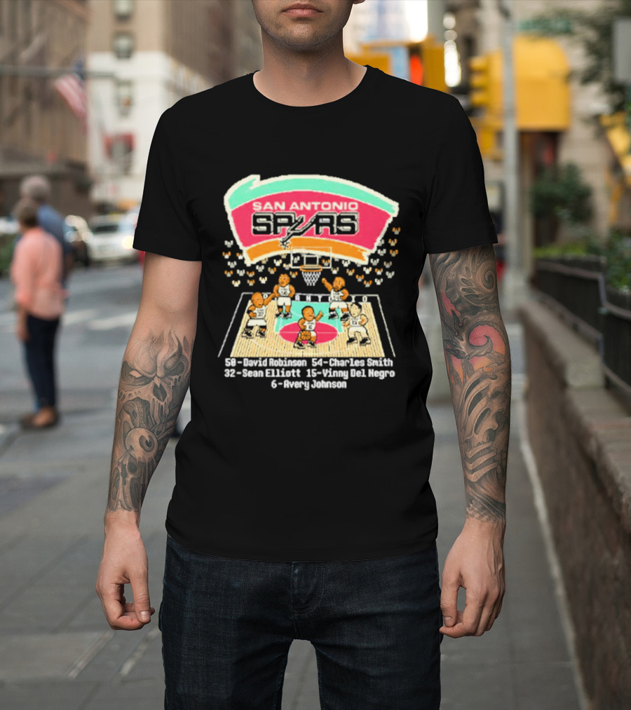 San Antonio Spurs David Robinson Charles Smith Sean Elliott Vinny Del Negro Avery Johnson Basketball Team T-Shirt