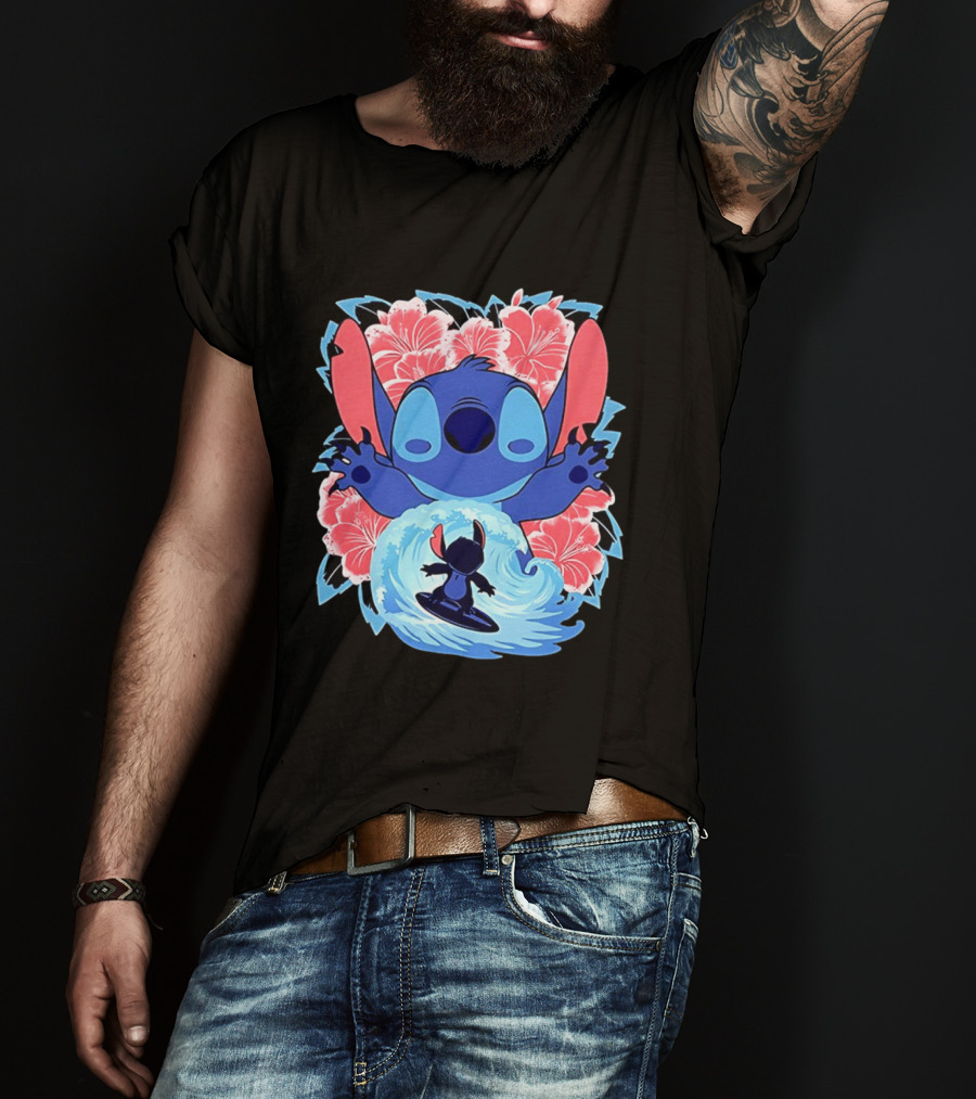 Lilo And Stitch Surfing Tropical Hibiscus Flowers T-Shirt