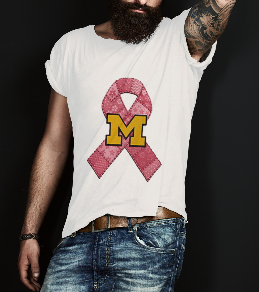 Michigan Wolverines Breast Cancer Awareness Pink Ribbon Patch T-Shirt