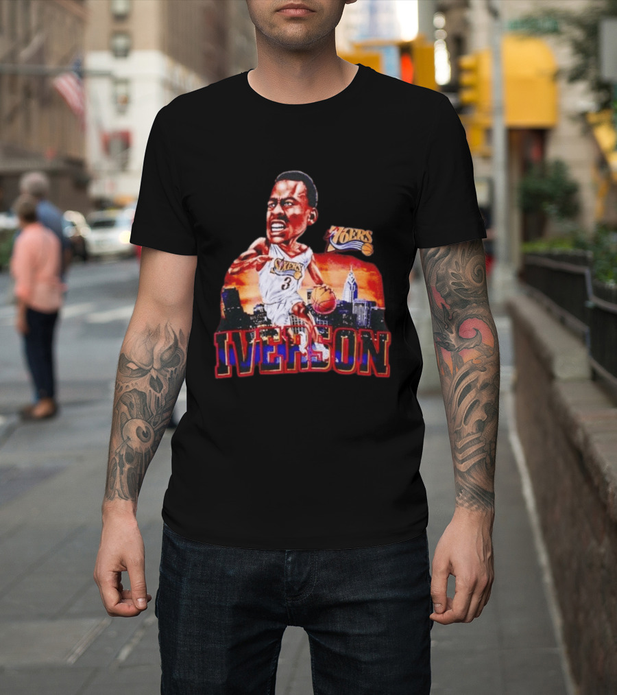 Allen Iverson 76ers Caricature With Philadelphia Skyline T-Shirt