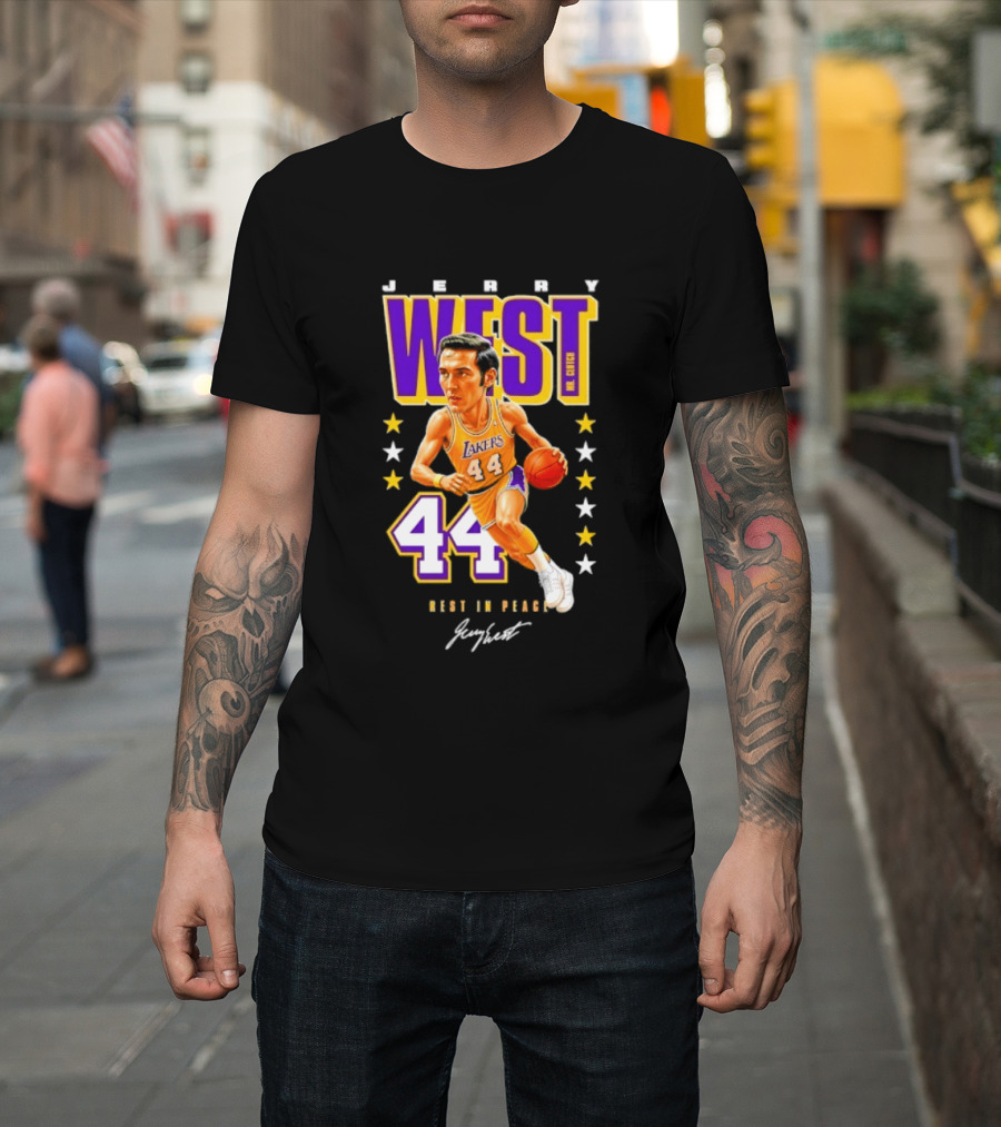 Jerry West Lakers 44 Rest In Peace Caricature Basketball Legend T-Shirt