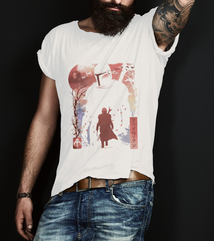 Lone Gunfighter Mandalorian Creed Japanese Text Star Wars Art Red Blue Yellow T-Shirt