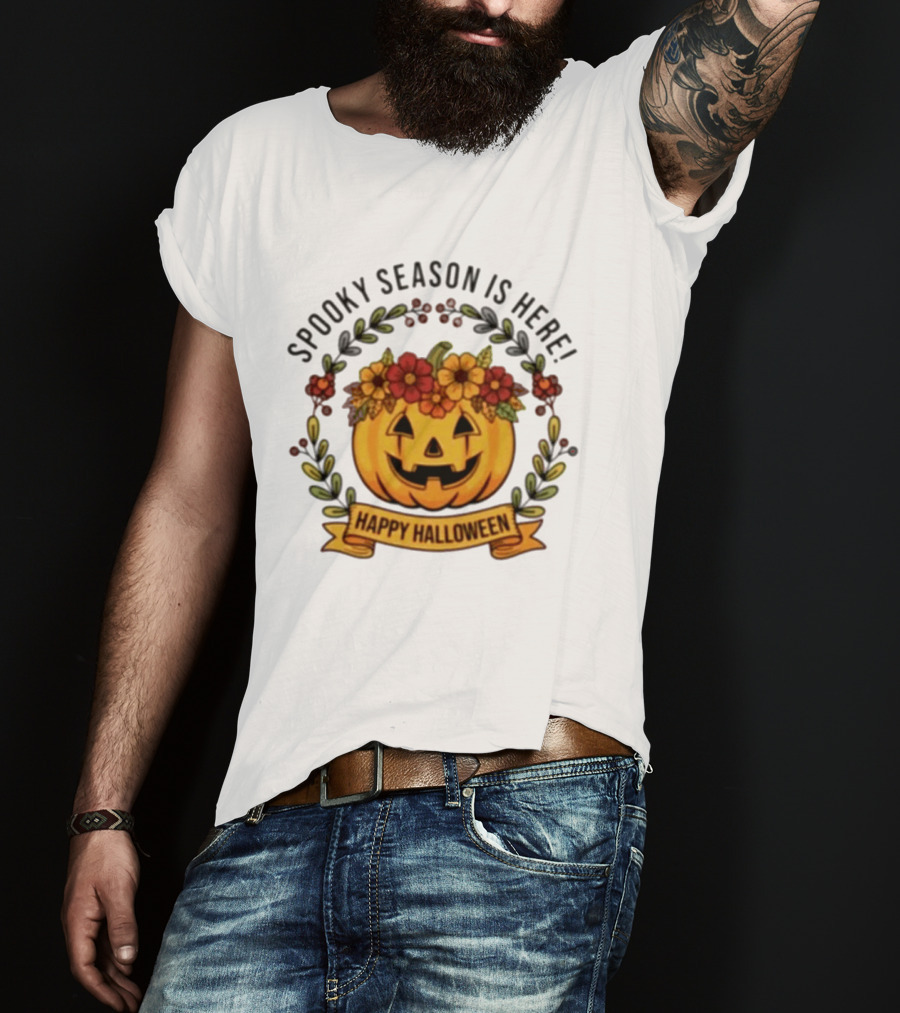 Spooky Season Is Here Happy Halloween Pumpkin With Flowers T-Shirt