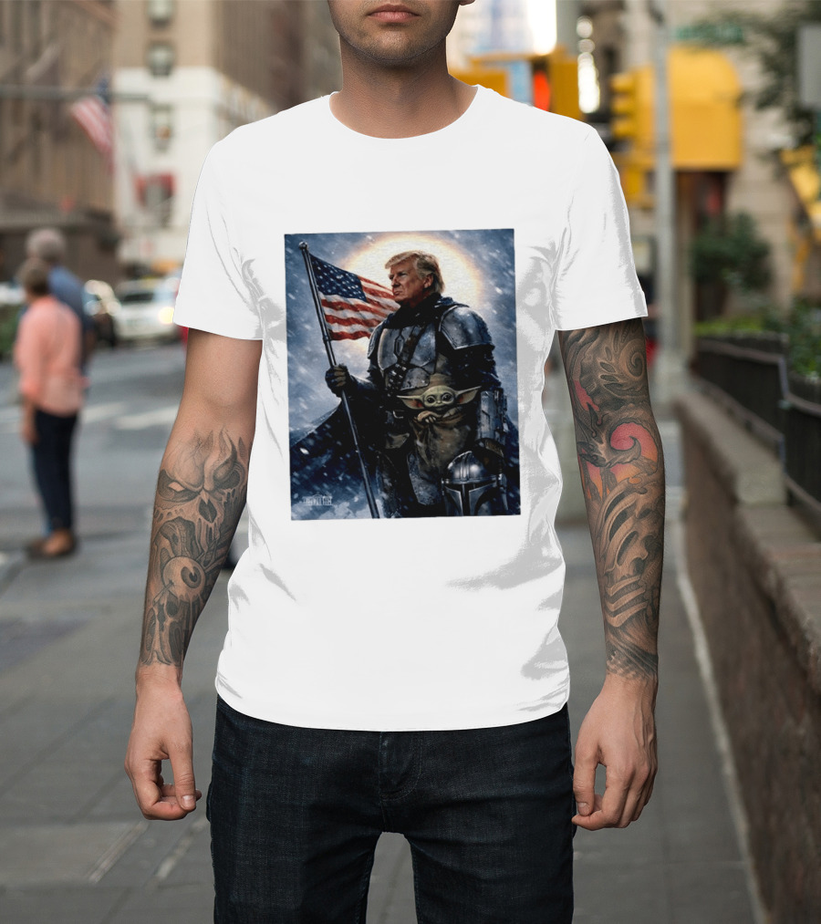 Donald Trump As The Mandalorian Holding American Flag With Grogu Star Wars T-Shirt