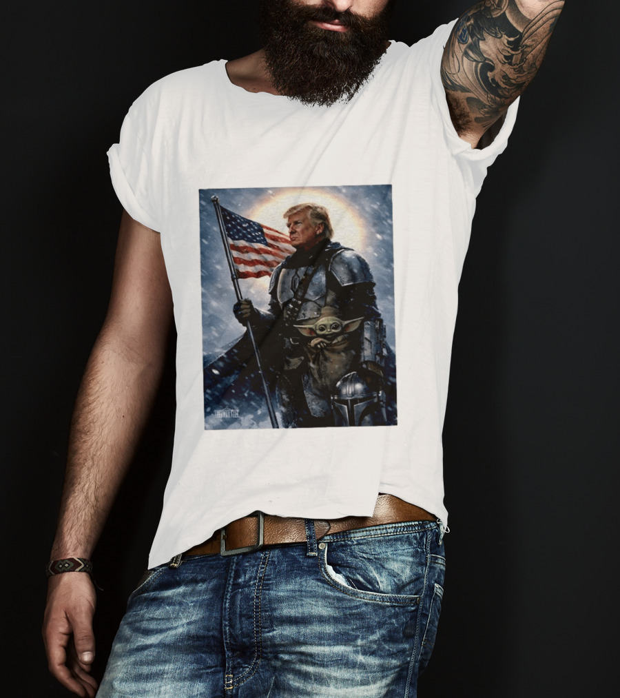 Donald Trump As The Mandalorian Holding American Flag With Grogu Star Wars T-Shirt