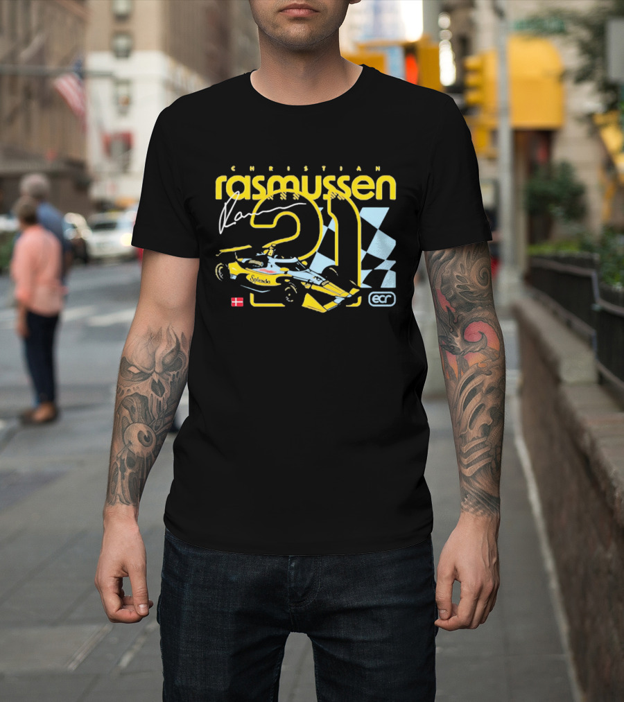 Christian Rasmussen ECR Number 21 Racing Splendor Denmark Flag Checkerboard T-Shirt