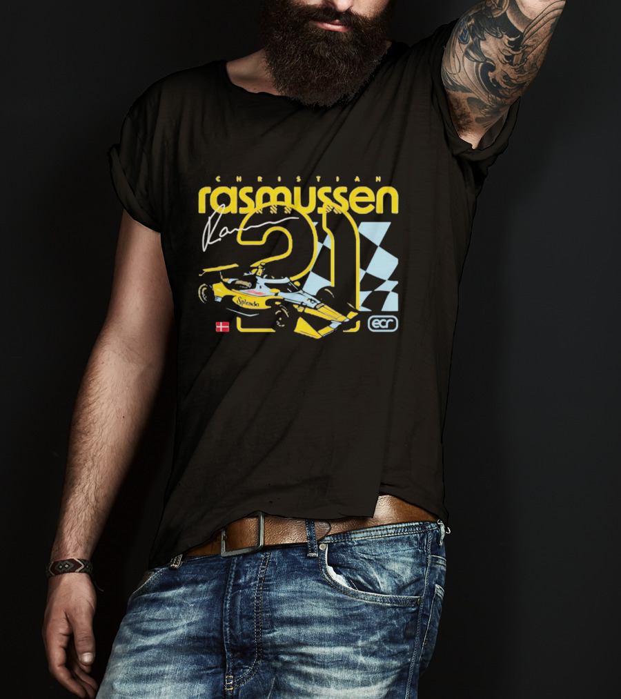 Christian Rasmussen ECR Number 21 Racing Splendor Denmark Flag Checkerboard T-Shirt