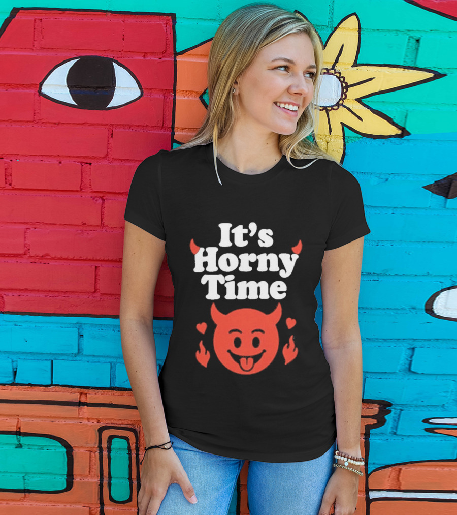 It's Horny Time Devil Red Face With Flames And Hearts T-Shirt
