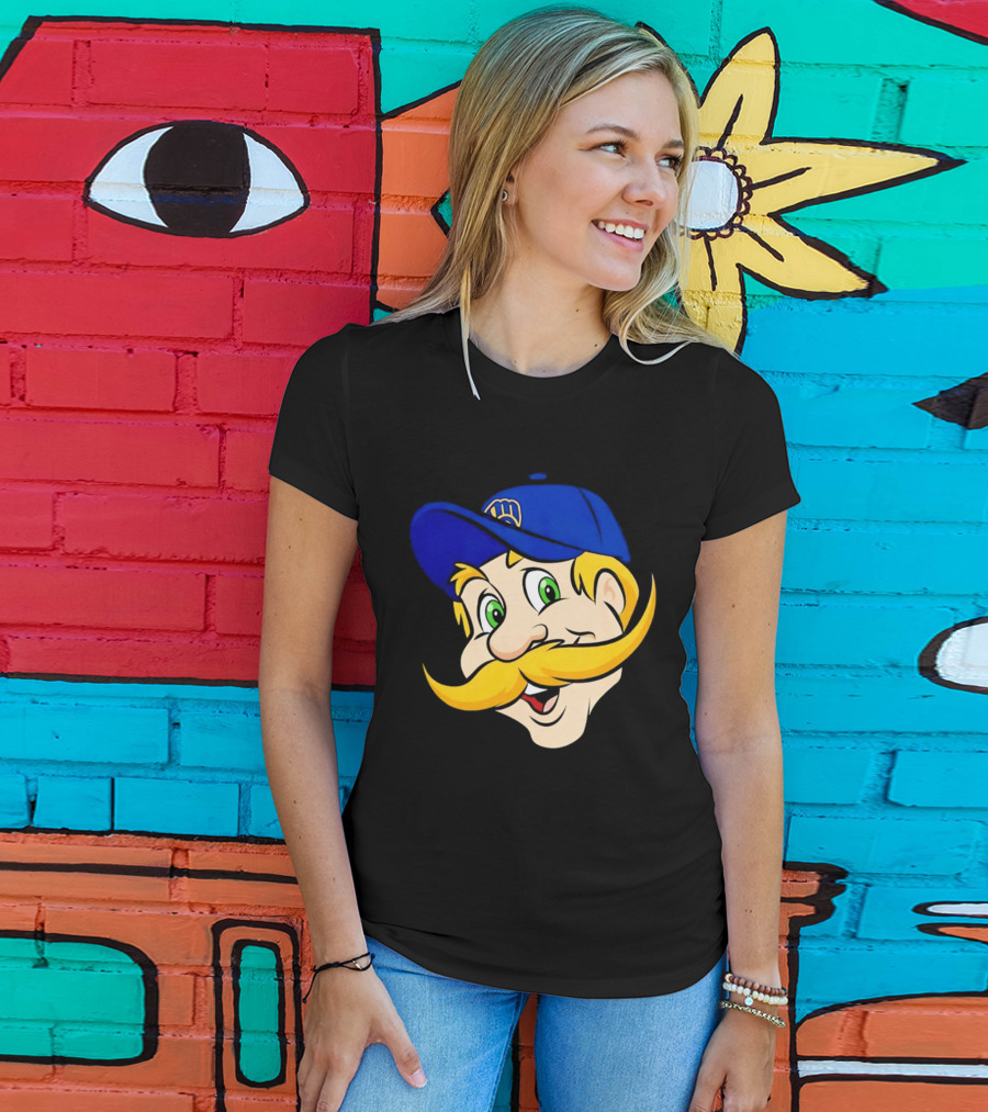 Milwaukee Brewers Big Face Mascot With Blue Cap And Mustache T-Shirt