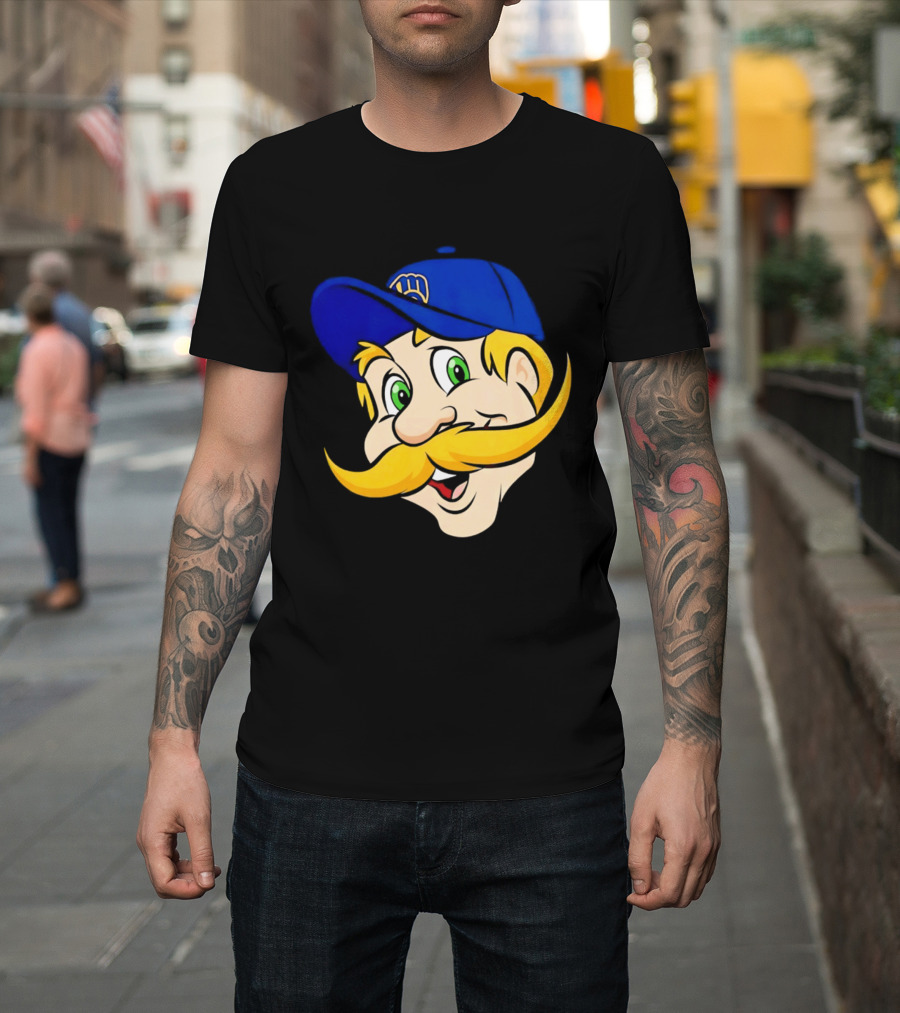 Milwaukee Brewers Big Face Mascot With Blue Cap And Mustache T-Shirt