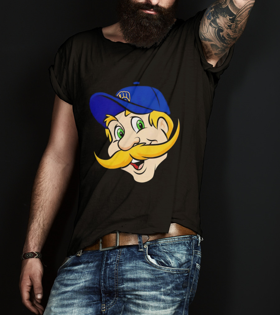 Milwaukee Brewers Big Face Mascot With Blue Cap And Mustache T-Shirt