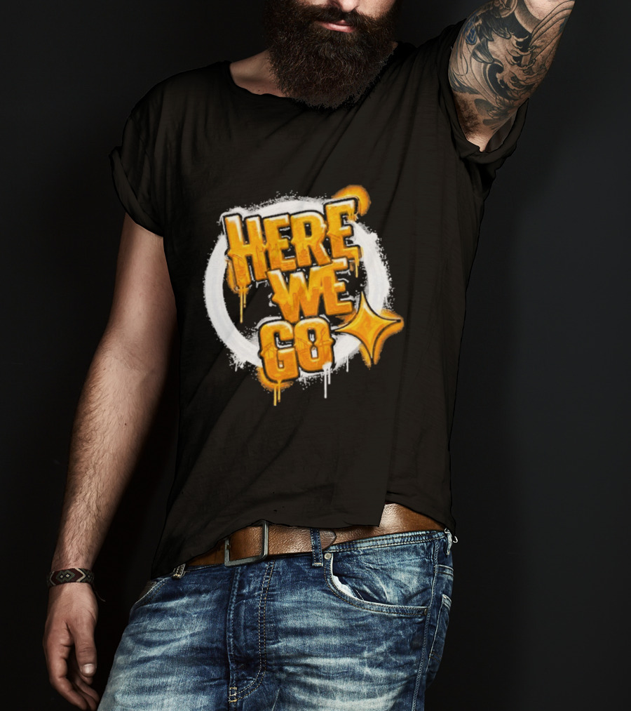Pittsburgh Steelers Here We Go Yellow Graffiti Text With Star T-Shirt
