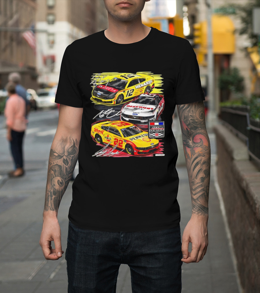 Team Penske 60th Anniversary NASCAR Racing Cars With Menards Shell Pennzoil Discount Tire Sponsors And Driver Signatures T-Shirt