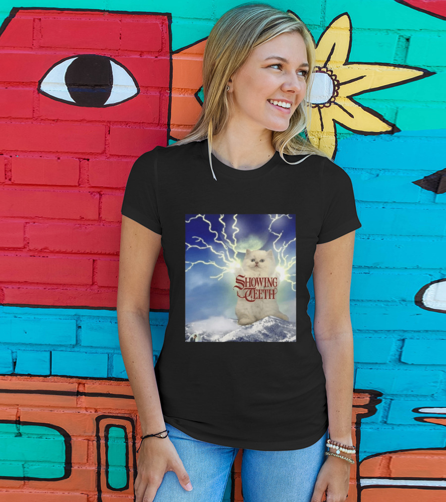 Showing Teeth Cat With Lightning Background In Blue Sky T-Shirt
