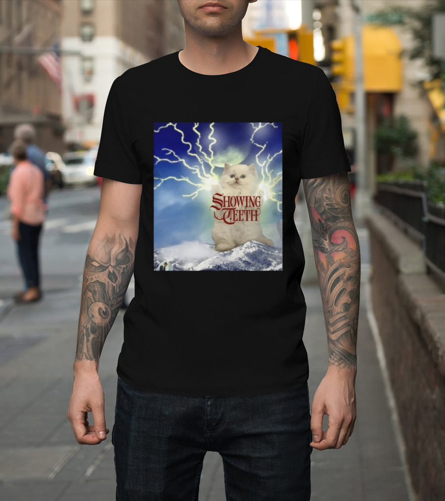 Showing Teeth Cat With Lightning Background In Blue Sky T-Shirt