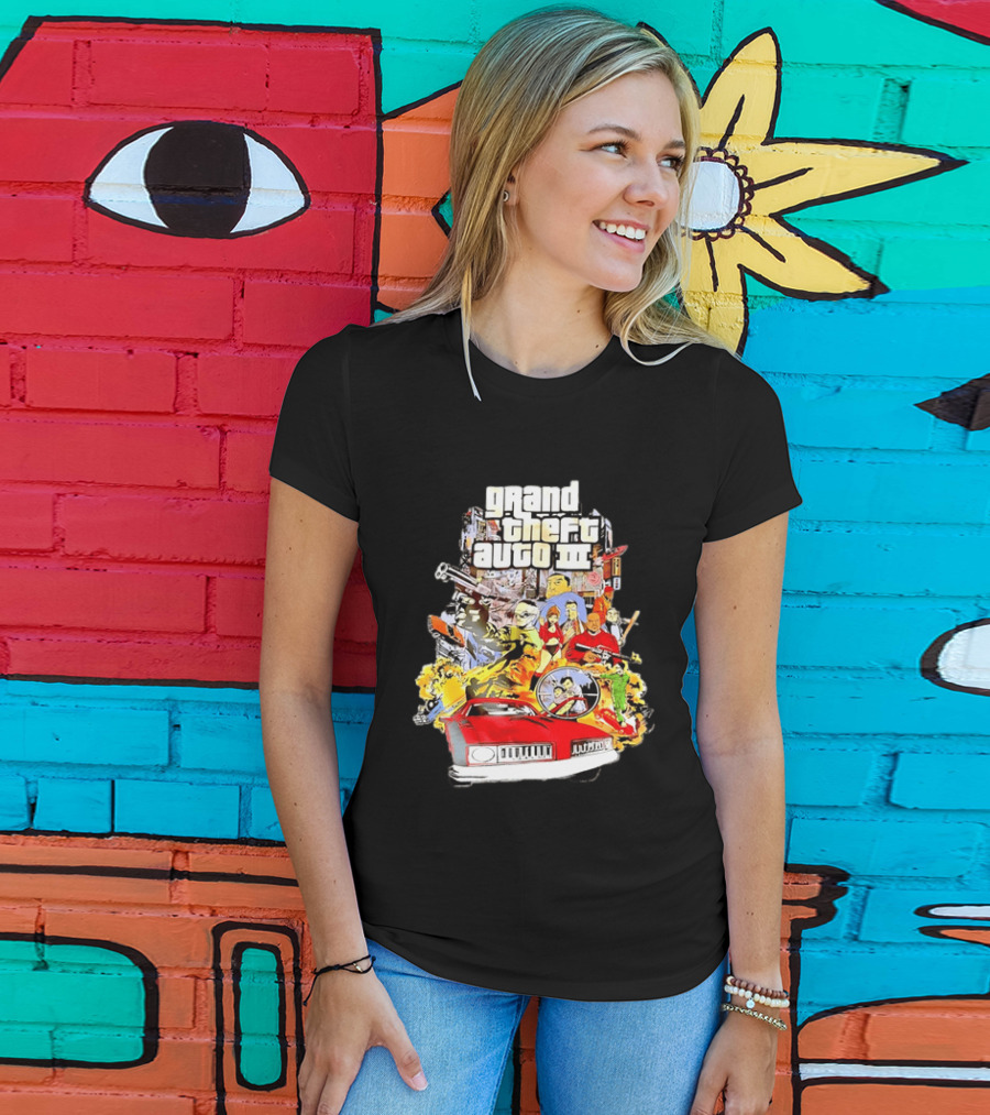 Grand Theft Auto III Characters Action Collage With Iconic Red Car T-Shirt