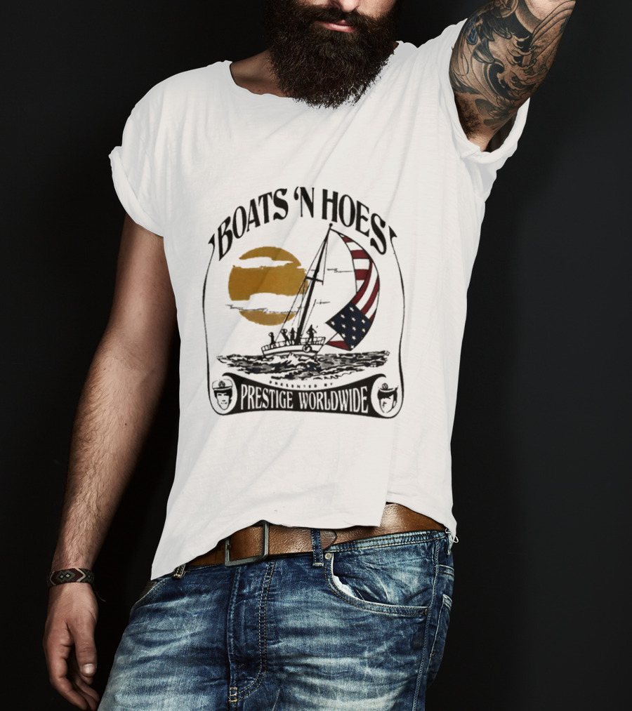 Boats N Hoes Prestige Worldwide USA Flag Sailing Sun Ocean T-Shirt