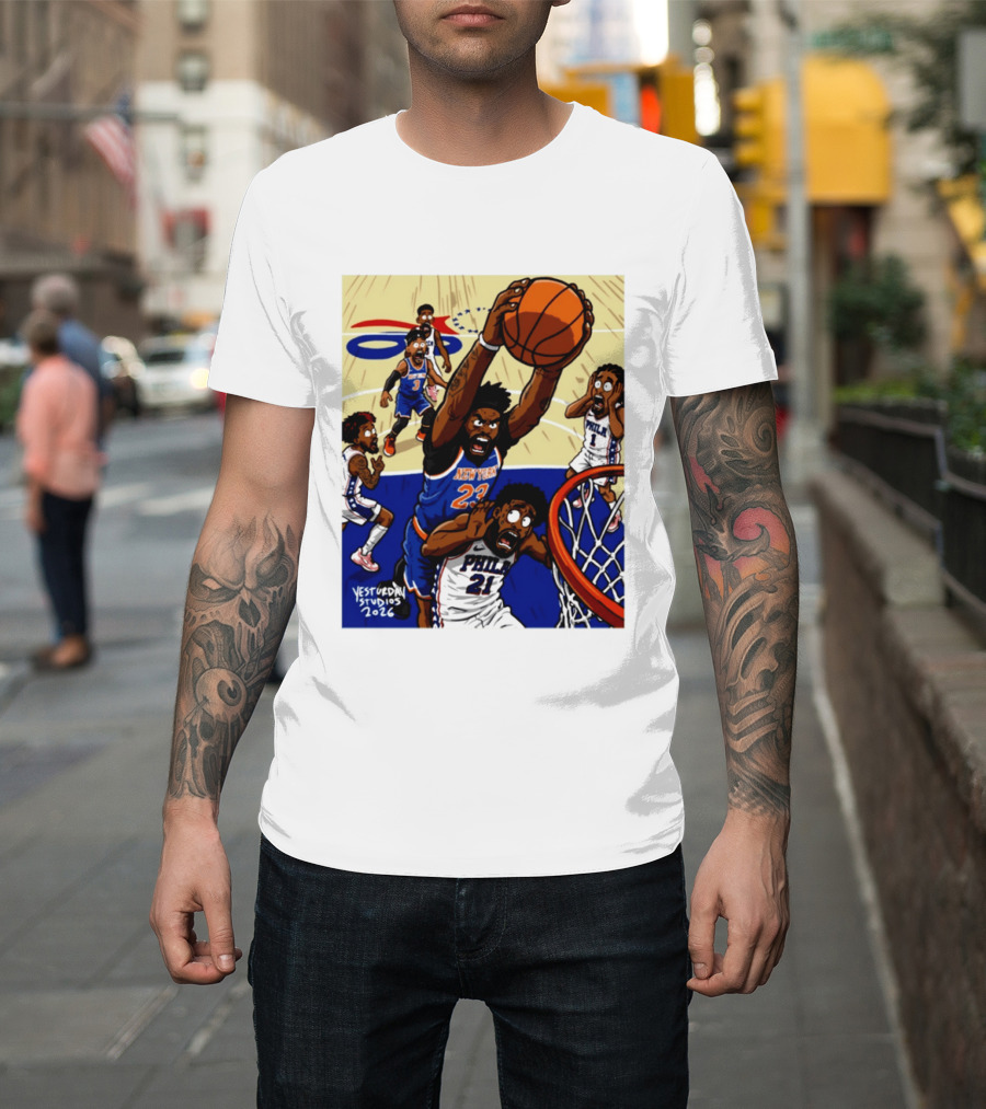 New York Knicks Mitchell Robinson Dunking On Philadelphia Joel Embiid Caricature 2026 Basketball Action T-Shirt