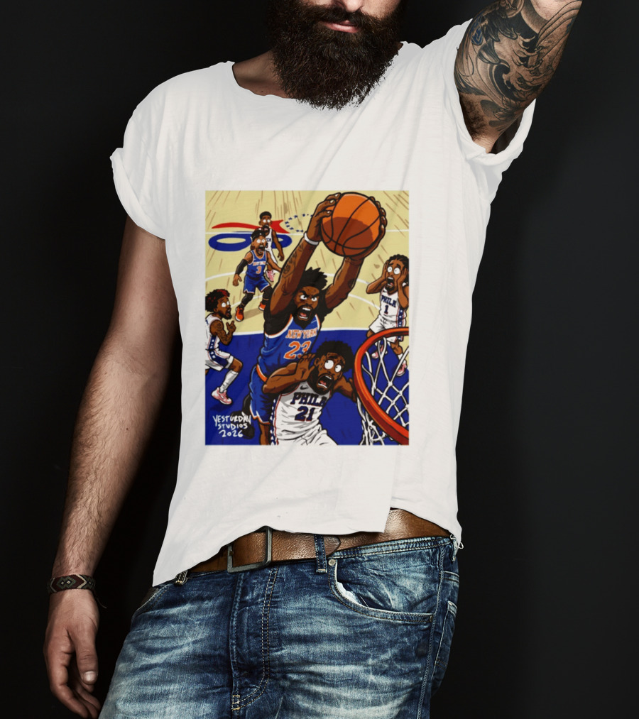 New York Knicks Mitchell Robinson Dunking On Philadelphia Joel Embiid Caricature 2026 Basketball Action T-Shirt