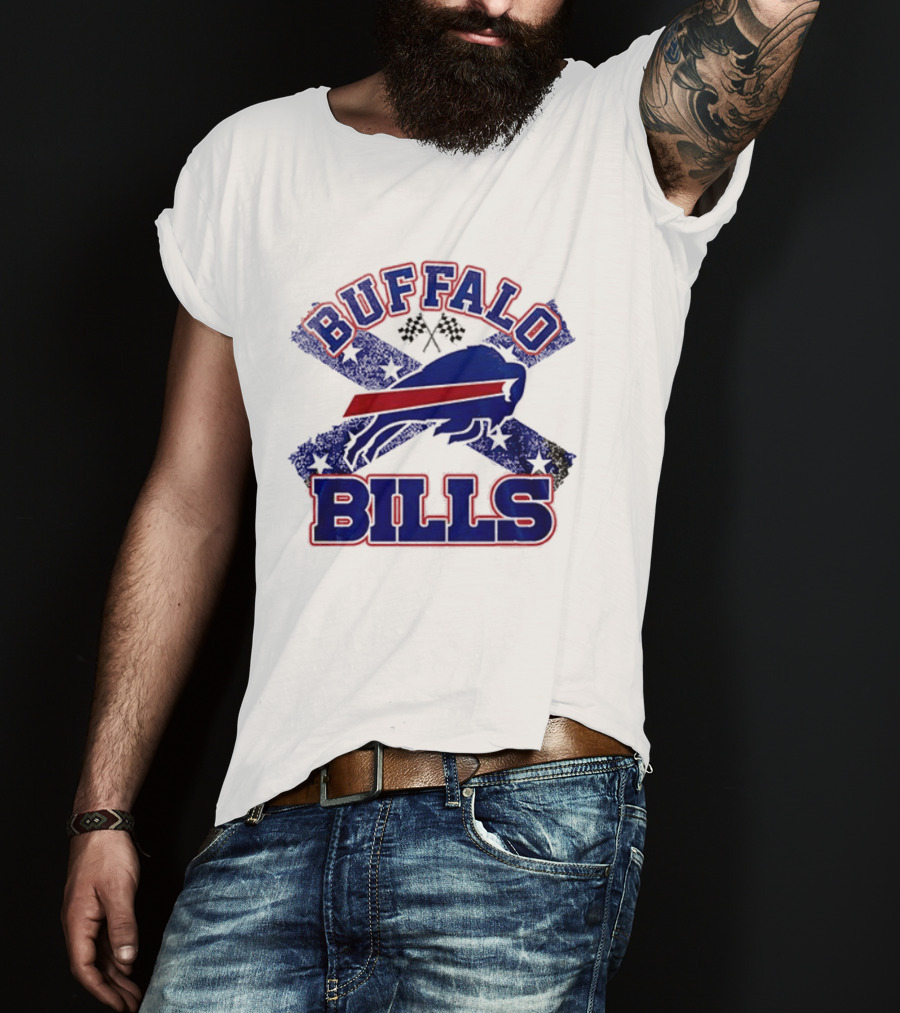Buffalo Bills Caricature With Flag And Crossed Checkered Flags T-Shirt