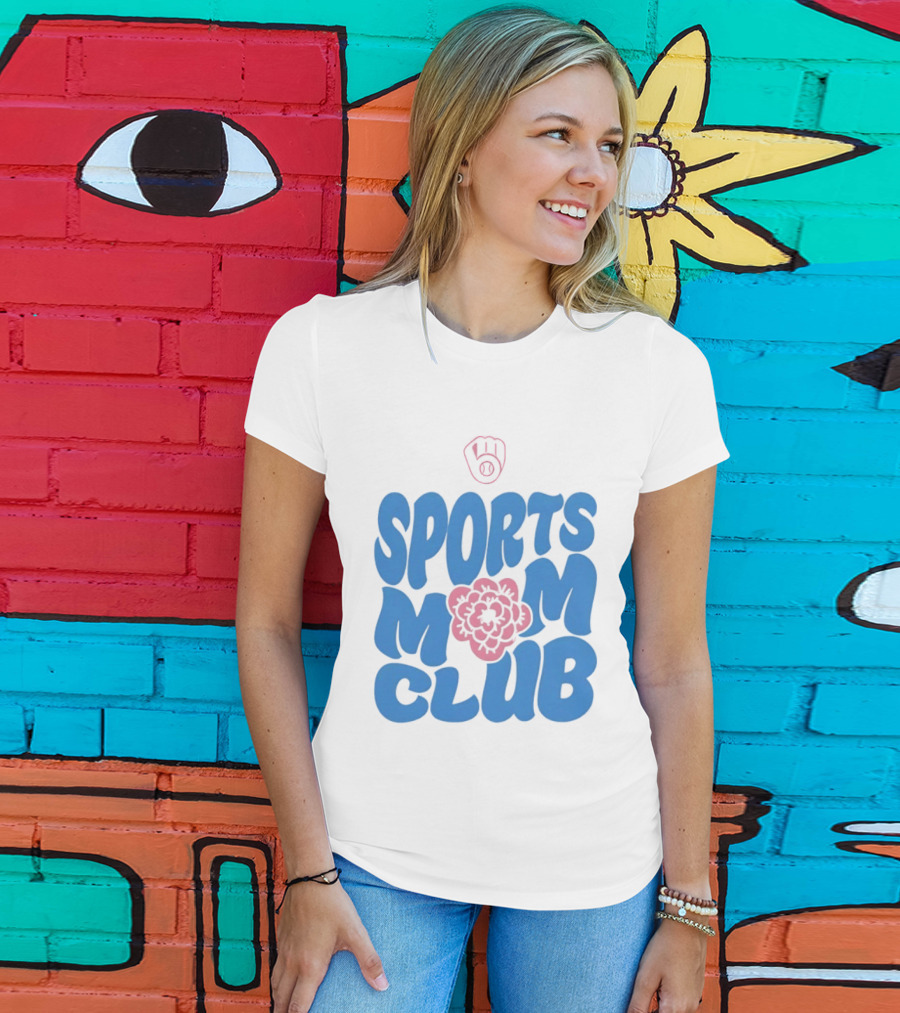Milwaukee Brewers Sports Mom Club Mother's Day Baseball Mitt Flower T-Shirt