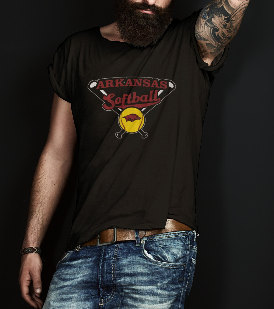 Arkansas Softball Crossed Bats Razorbacks Yellow Ball T-Shirt