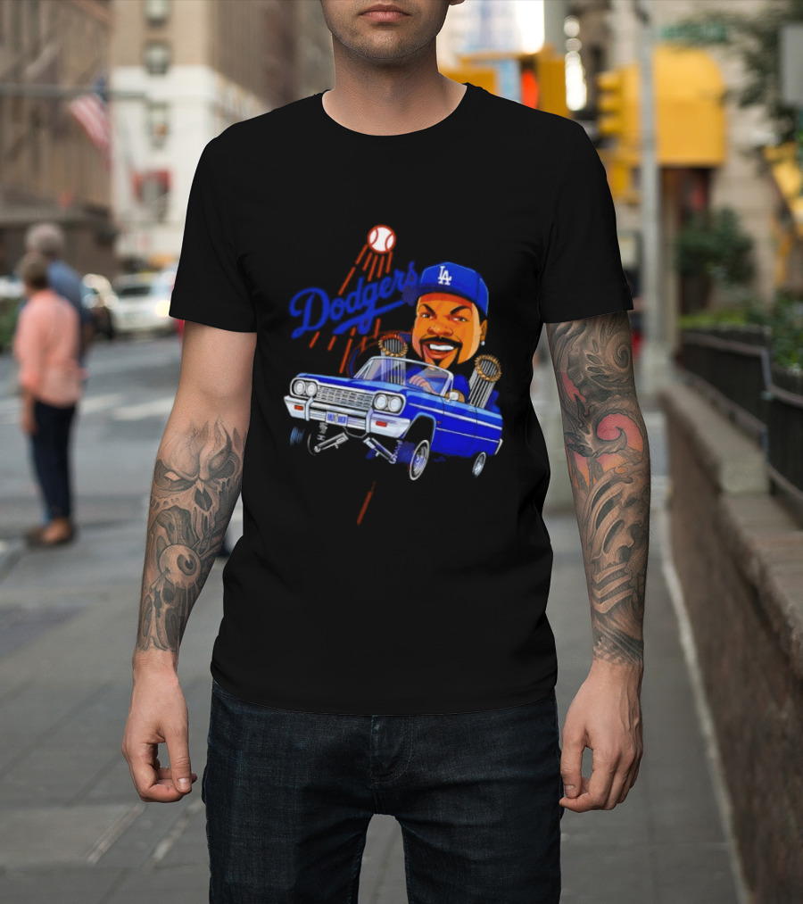 Ice Cube Cartoon Driving Lowrider Los Angeles Dodgers Baseball T-Shirt