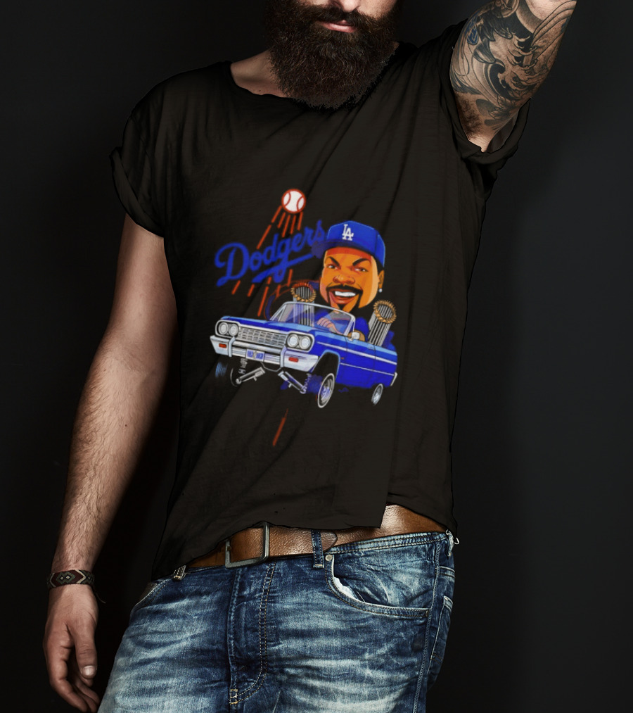 Ice Cube Cartoon Driving Lowrider Los Angeles Dodgers Baseball T-Shirt