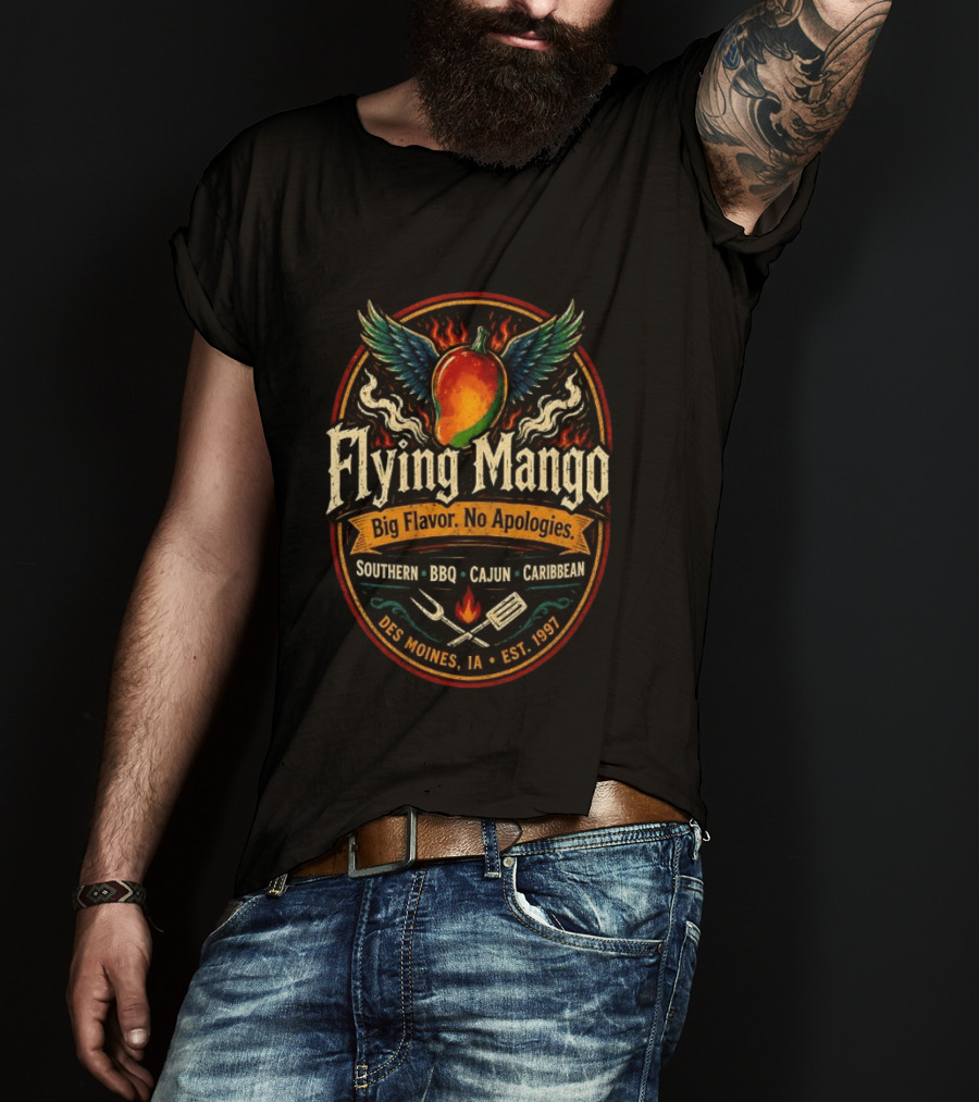 Flying Mango Southern BBQ Cajun Caribbean Des Moines IA Est 1997 T-Shirt