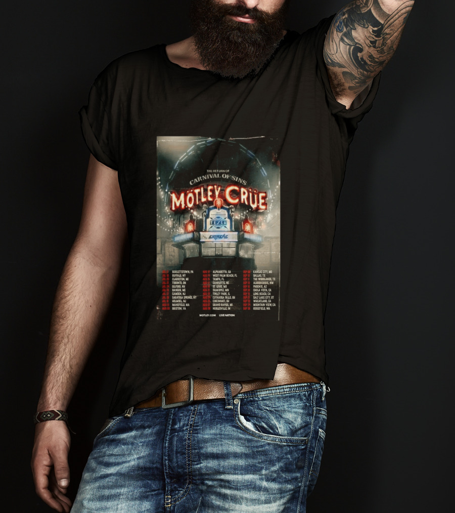 Motley Crue Carnival Of Sins Tour 2026 Featuring Tesla Dates And Locations T-Shirt