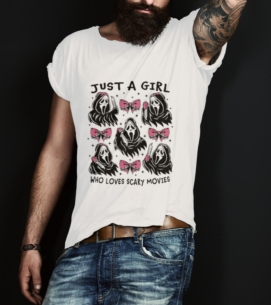 Just A Girl Who Loves Scary Movies Ghost Face Pink Bow T-Shirt