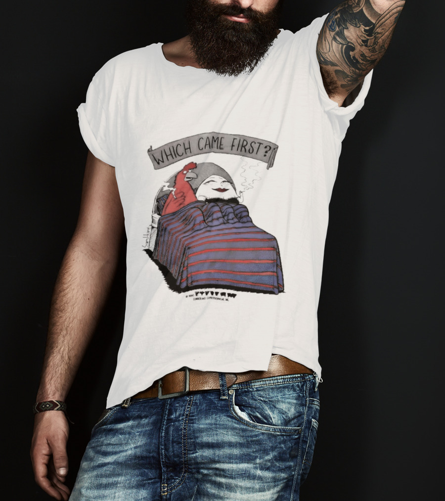 Which Came First The Chicken Or The Egg Striped Bed Scene T-Shirt