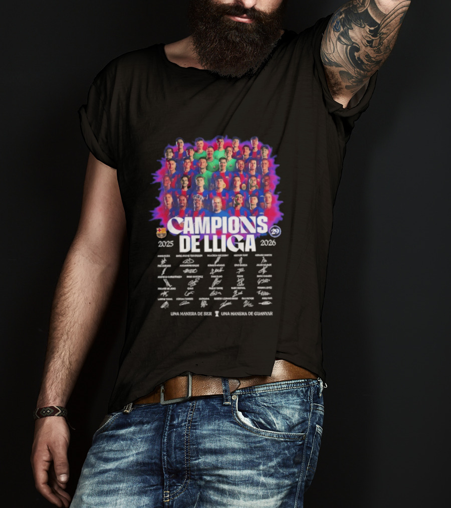 Barcelona FC Campions De Lliga 2025 2026 Signatures Una Manera De Ser T-Shirt