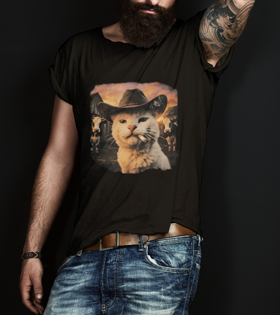 Cowboy Cat Smoking Cigarette In Rustic Barnyard Scene With Cows T-Shirt
