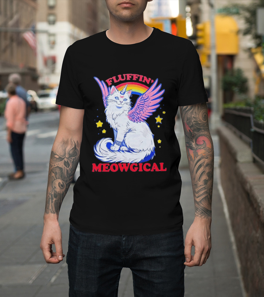 Fluffin' Meowgical Winged Unicorn Cat Rainbow Stars T-Shirt