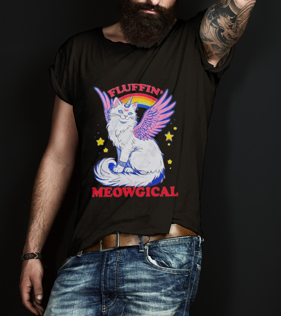 Fluffin' Meowgical Winged Unicorn Cat Rainbow Stars T-Shirt