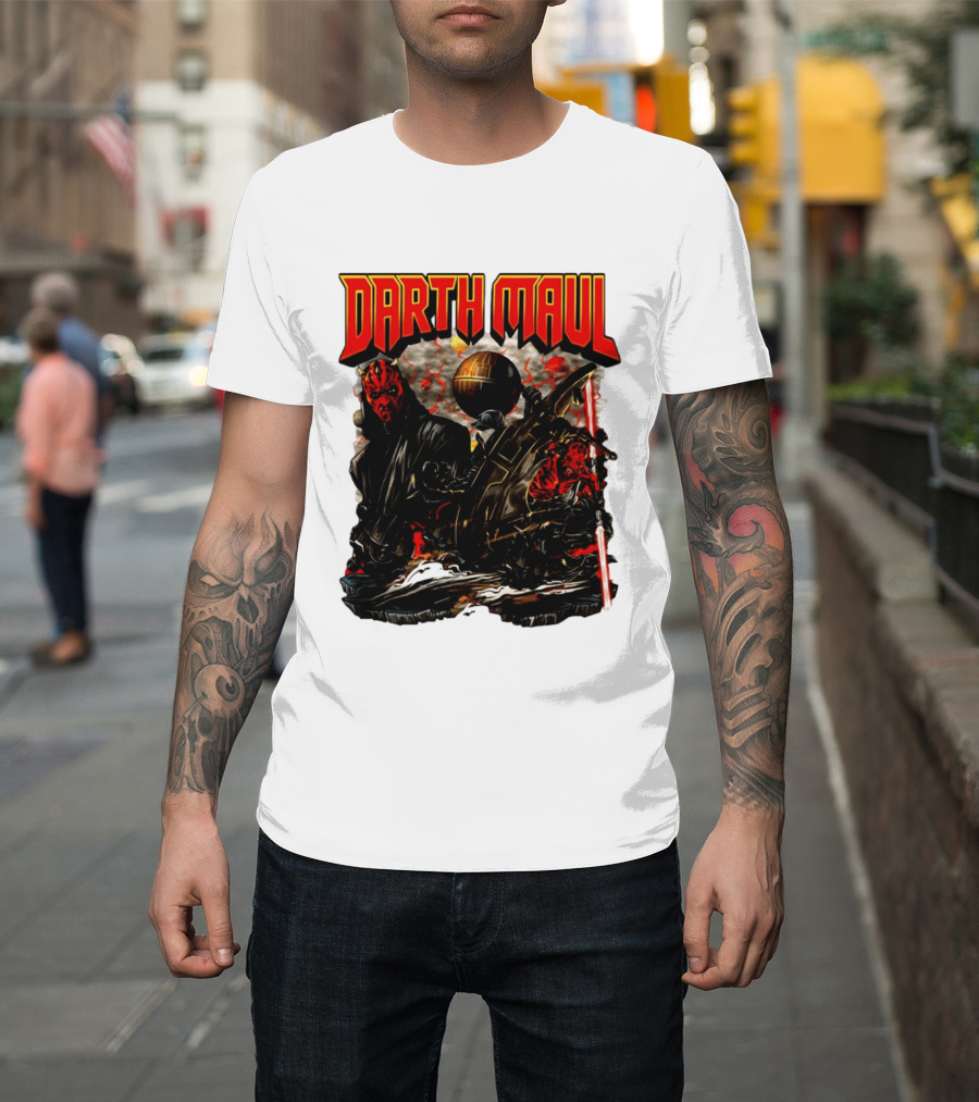 Darth Maul Star Wars Sith Warrior Battle Scene With Lightsaber And The Death Star T-Shirt