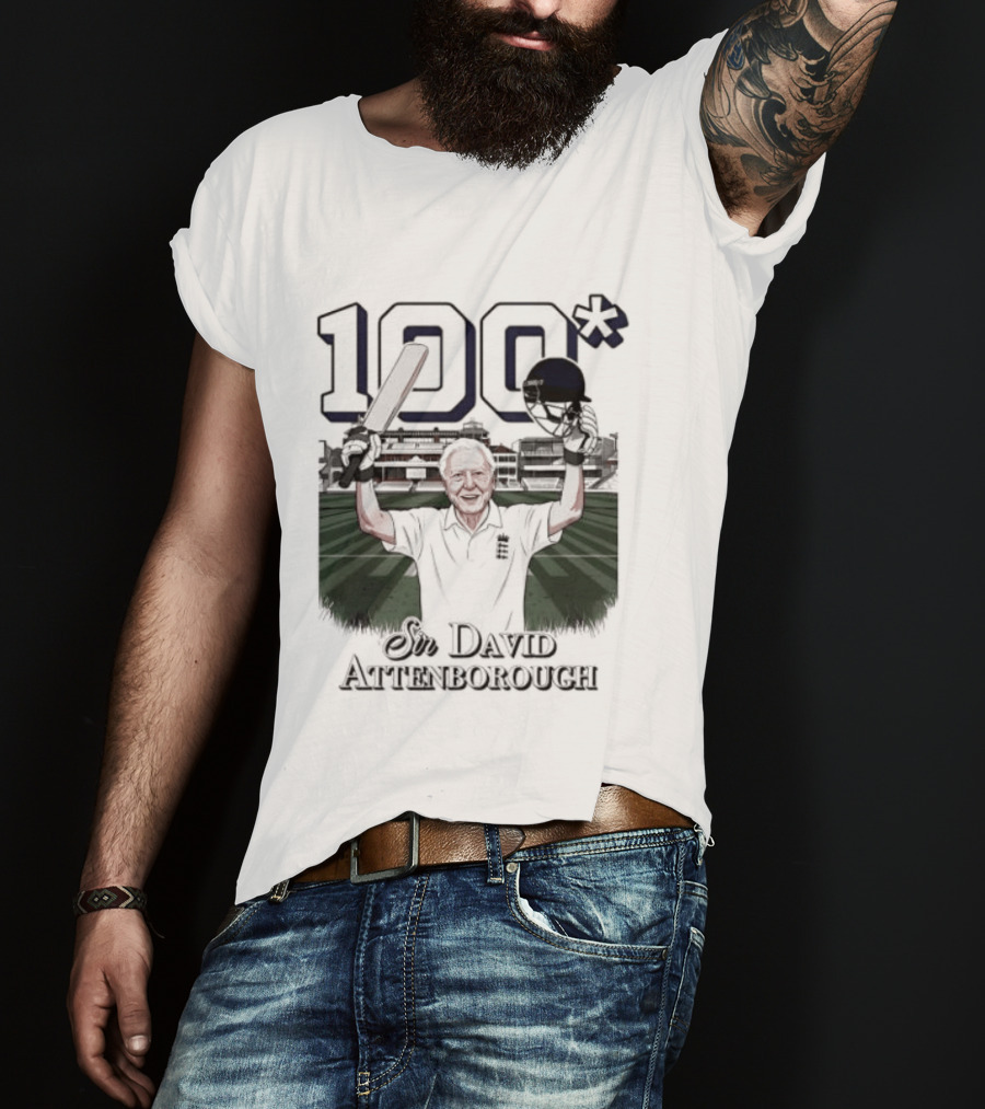 Sir David Attenborough 100 Celebration Cricket Bat And Helmet Raised T-Shirt