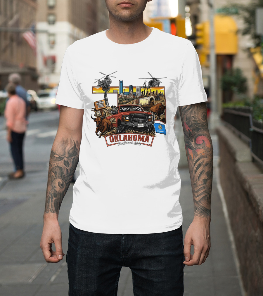 Oklahoma The Sooner State Route 66 Buffalo Cityscape Helicopters T-Shirt